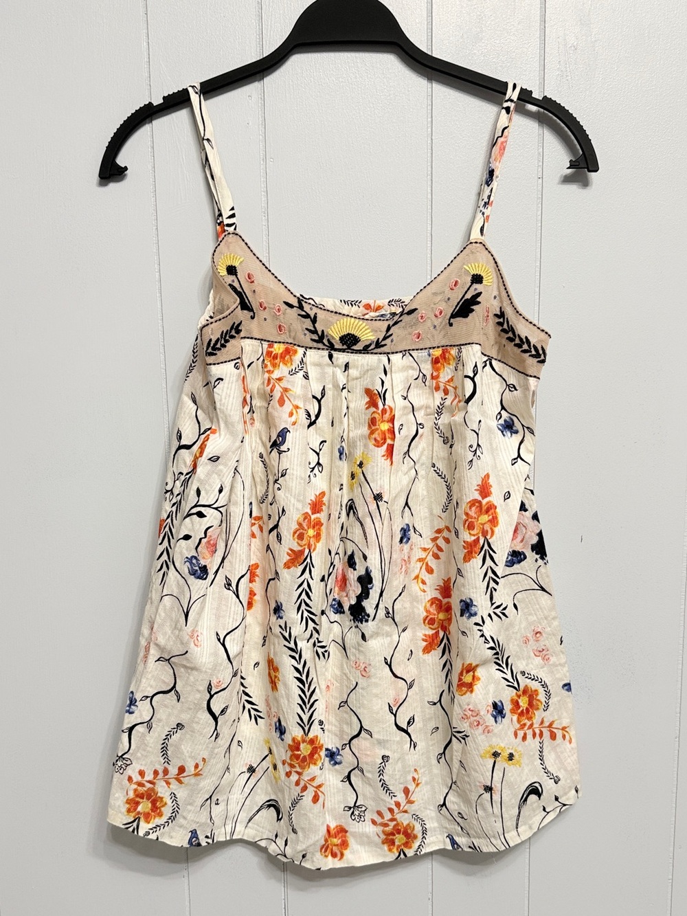 Anthropologie Cream Floral Camisole with Orange, Navy & Yellow Embroidery